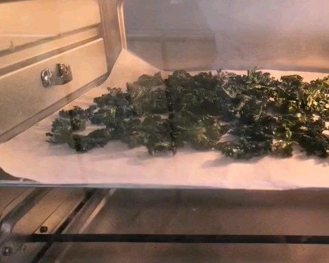 羽衣甘蓝在烤箱中烘烤的过程,展现其从绿色变为深绿略焦的过程 羽衣甘蓝在烤箱中烘烤的过程