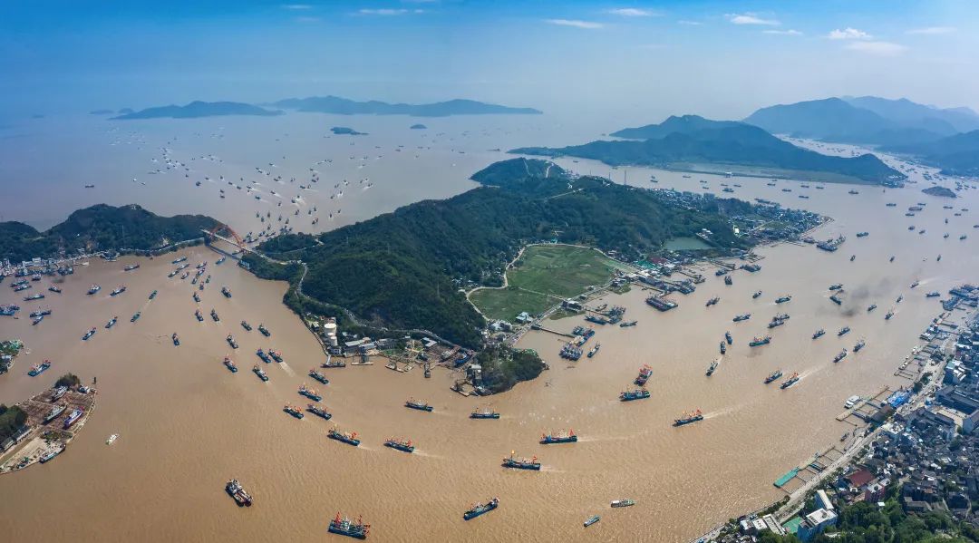 一幅清晰的地图,展示浙江省舟山市在东海的位置,标注出普陀区、岱山县、嵊泗县和定海区的主要渔港位置,并用箭头标示寒暖流交汇带,图中还显示典型捕捞船只和梭子蟹分布热区 舟山海域地理位置示意图