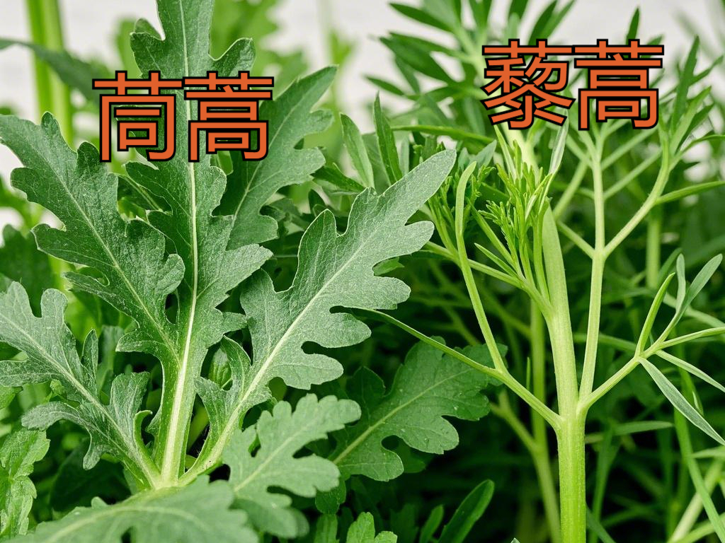 油麦菜与茼蒿新鲜叶片特写对比图，左侧为油麦菜细长翠绿叶片，叶脉清晰，表面微泛蜡光；右侧为茼蒿羽状深绿裂叶，叶缘锯齿明显，茎部嫩白带绒毛；背景为白色瓷盘，两组蔬菜并列摆放，比例真实，自然光拍摄