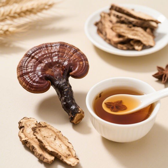 灵芝切片日常应用场景图：透明玻璃罐盛装琥珀色灵芝切片，旁置陶瓷杯中浸泡着数片舒展的切片，茶汤呈淡金黄色，杯口升腾细微热气；背景为中式木质案台，搭配铜制小秤与翻开的《本草纲目》节选页，体现传统与现代融合的健康生活方式