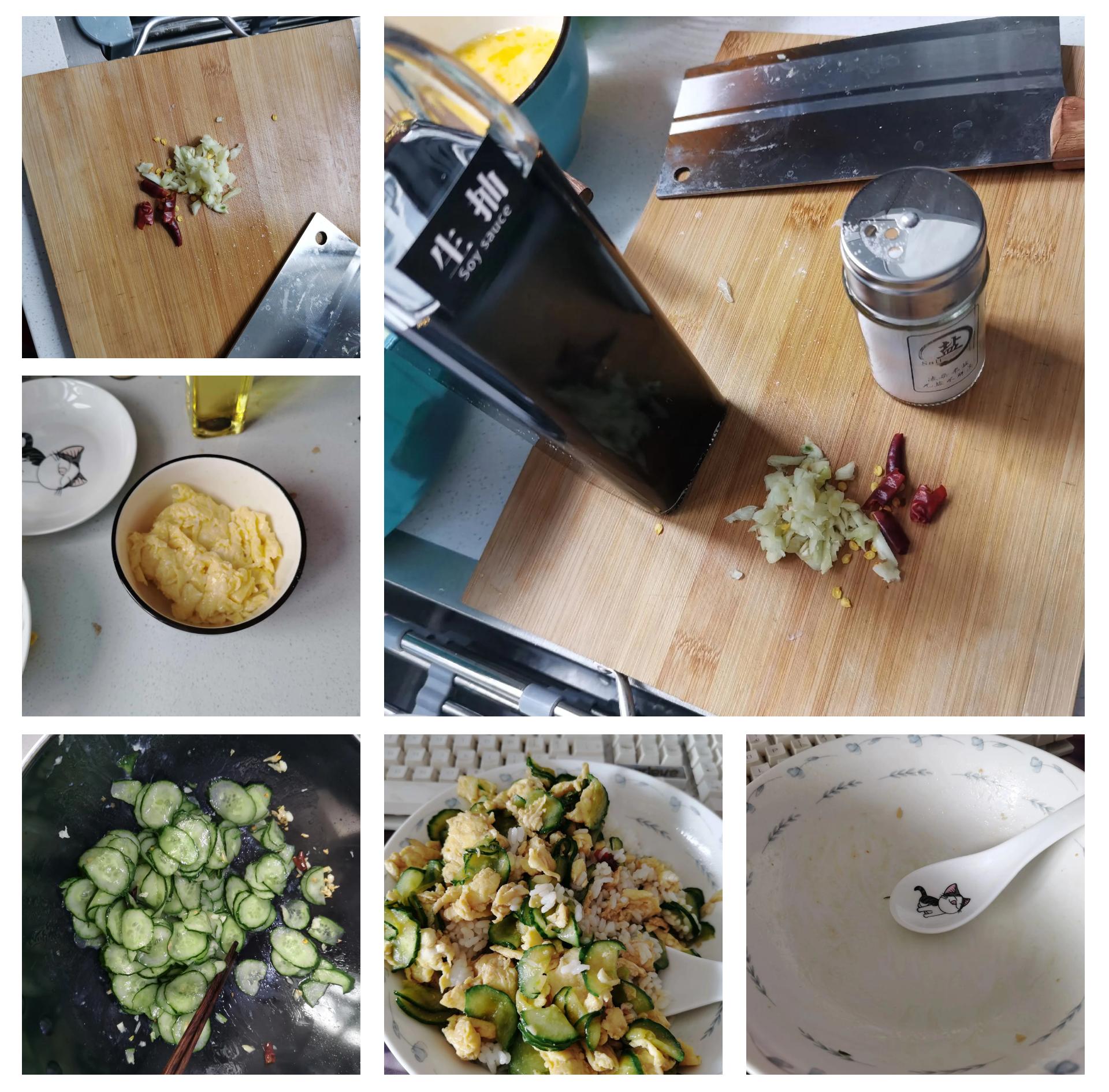 炒制过程特写：锅中正在翻炒的西红柿黄瓜与鸡蛋混合物，蒸汽升腾，食材分明，色泽红绿金黄相间