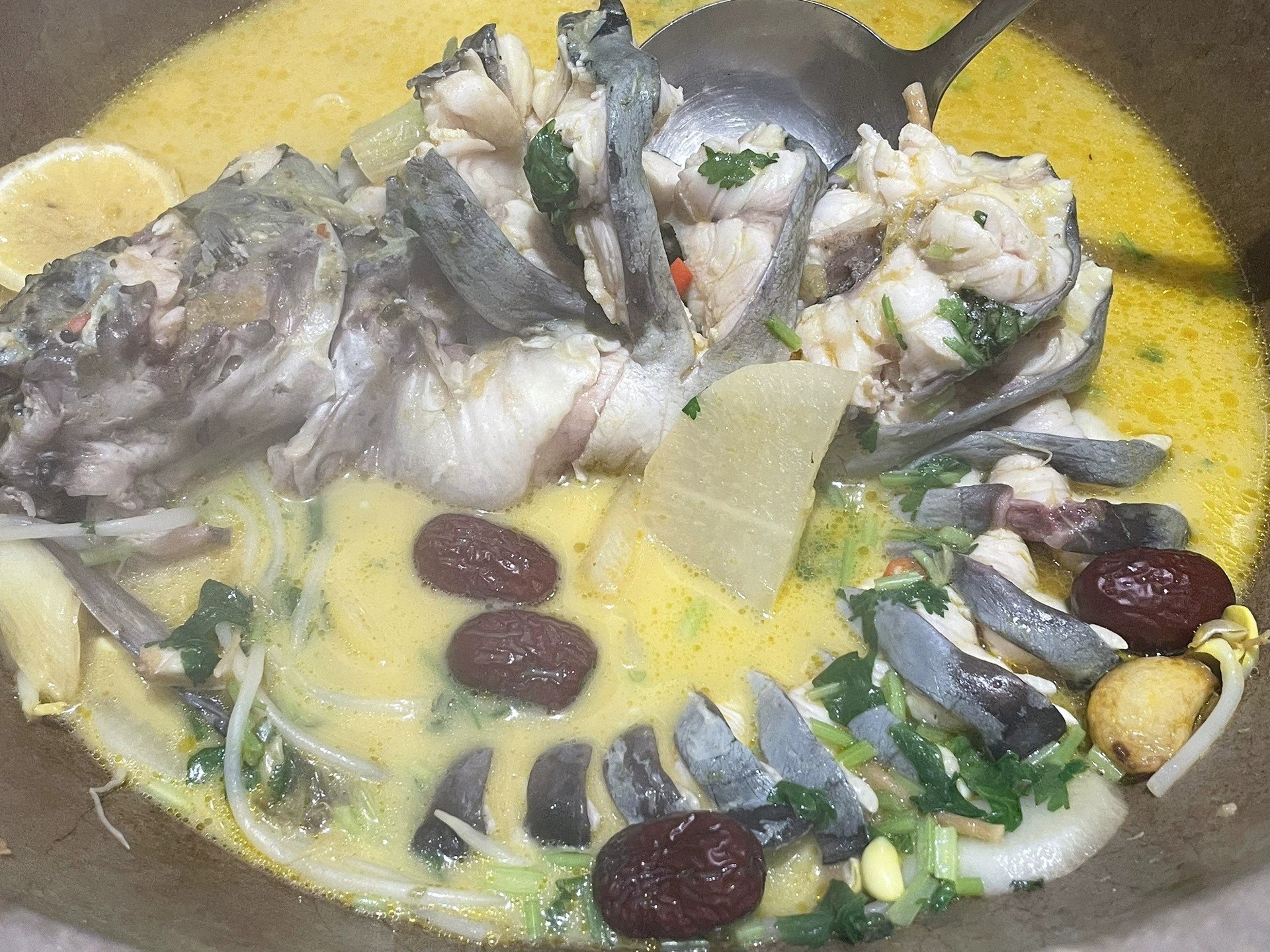 狗头鱼与土鸡蛋同炖特写：青花瓷炖盅内，乳白汤汁上浮着嫩滑蛋羹与半透明鱼肉块，鱼皮微卷呈琥珀色，表面撒少量枸杞与葱花