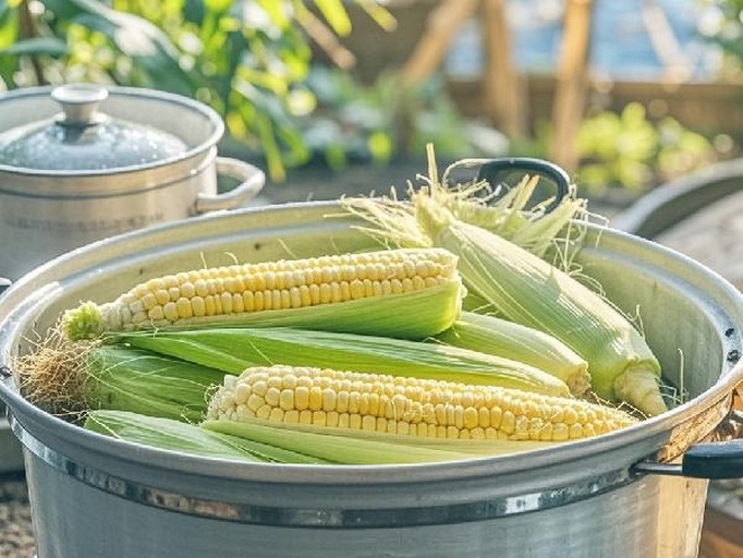 一位厨师正在厨房台面上挑选几根带苞叶的新鲜糯玉米,旁边有清水盆和刷子,展示剥叶、冲洗、检查籽粒饱满度的过程,背景为明亮整洁的现代厨房 新鲜糯玉米的挑选与清洗过程