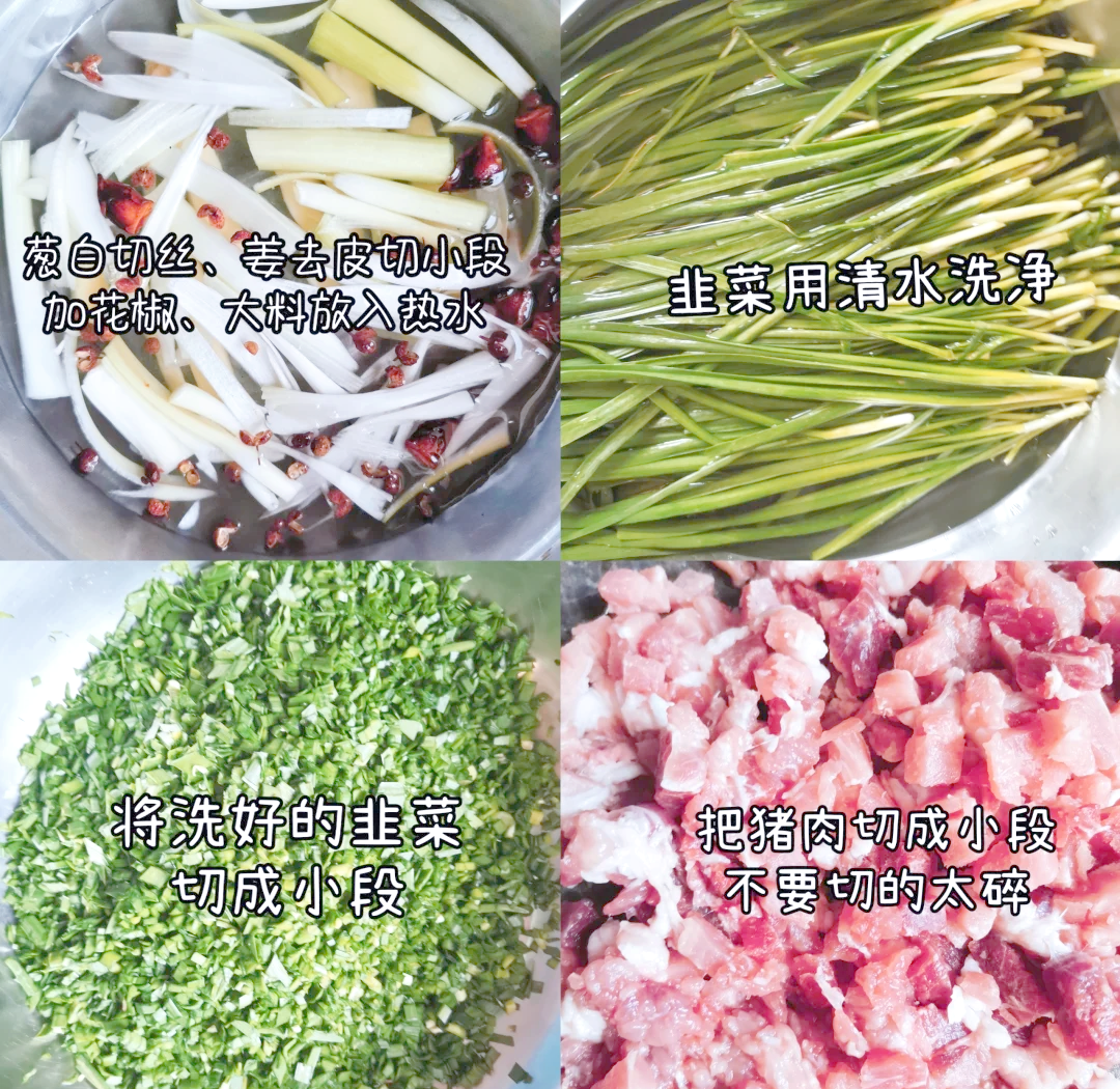 韭菜饺子出锅特写：青白相间的饺子整齐卧在青花瓷盘中，表面油润微光，隐约透出翠绿韭菜粒，旁边一小碟琥珀色陈醋+几粒蒜末，蒸汽氤氲但无过热白雾