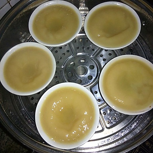 一个白色陶瓷碗正在被放入蒸锅中,碗口覆盖着透明保鲜膜,碗内可见淡黄色蛋液中漂浮着褐色桂圆肉和浅黄色西洋参片,蒸锅内蒸汽袅袅升起 图片描述