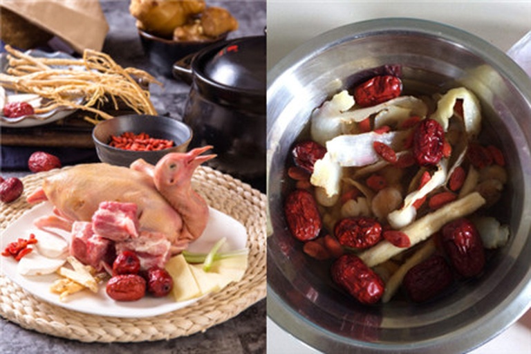 砂锅炖煮中的鸽子炖红参：乳白色汤汁微沸，可见鸽肉块与红参片沉底，表面浮少量金黄色油脂，配青葱段点缀