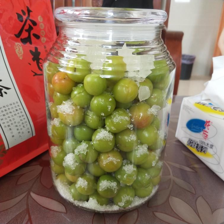 展示玻璃罐中正在腌制的青李子,旁边摆放着白醋、冰糖和调料 腌制青李子的过程