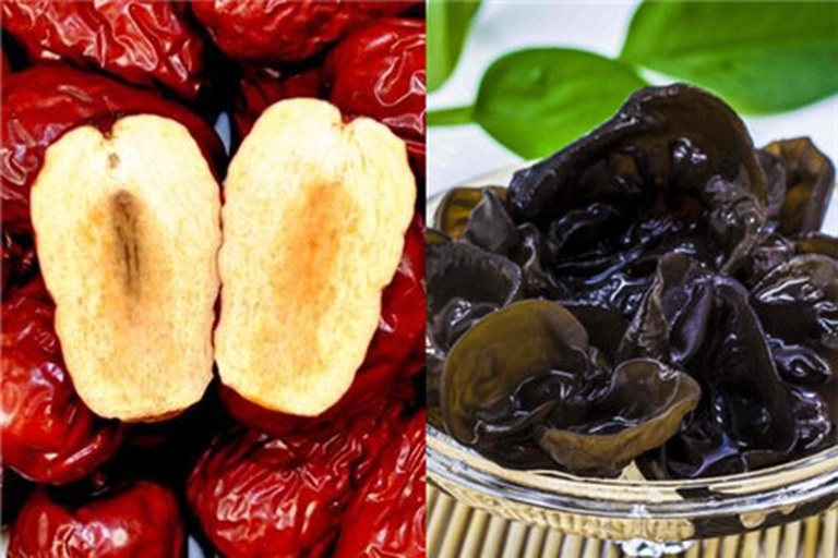 图中展示红枣片与黑豆混合的食材组合,背景为厨房操作台 红枣与黑豆搭配图