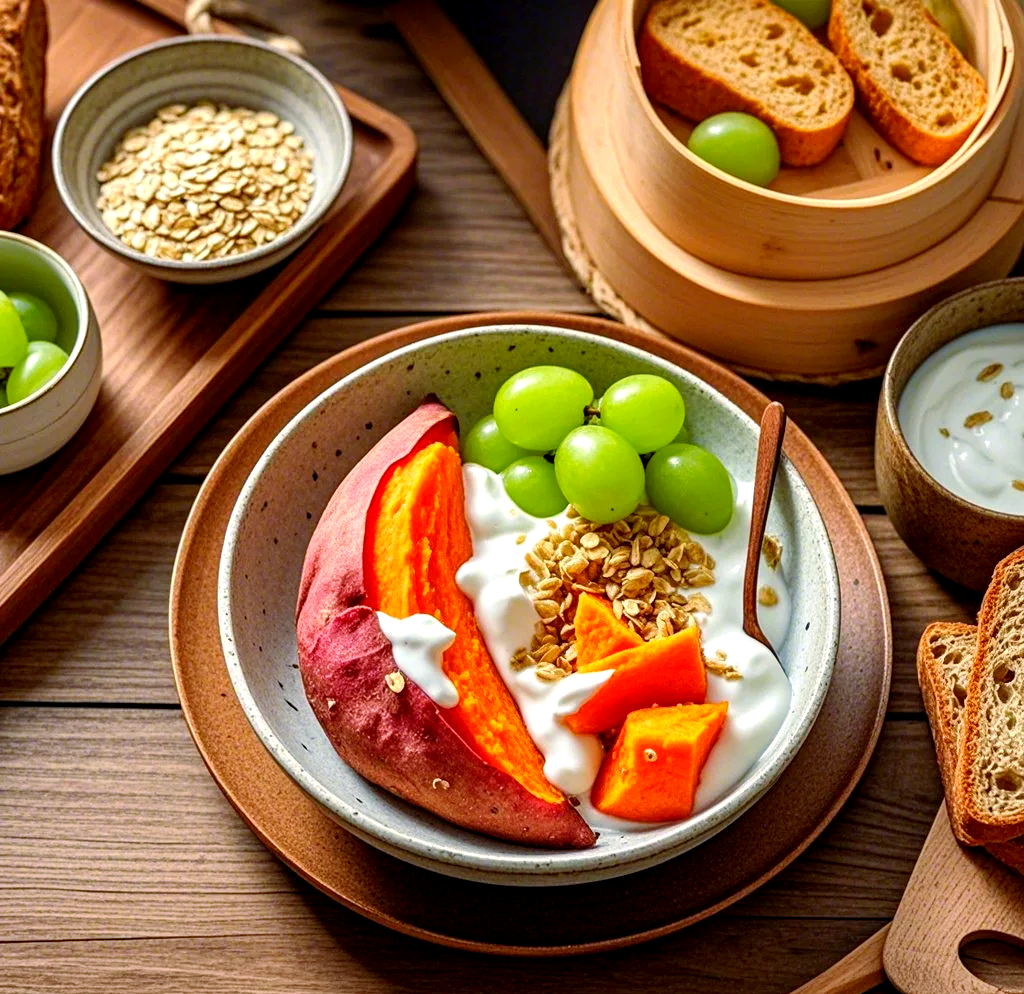 家庭厨房场景中，一位女性将蒸熟的西瓜红红薯切成薄片摆盘，旁边配有酸奶、坚果和绿叶蔬菜，构成一份完整的健康餐