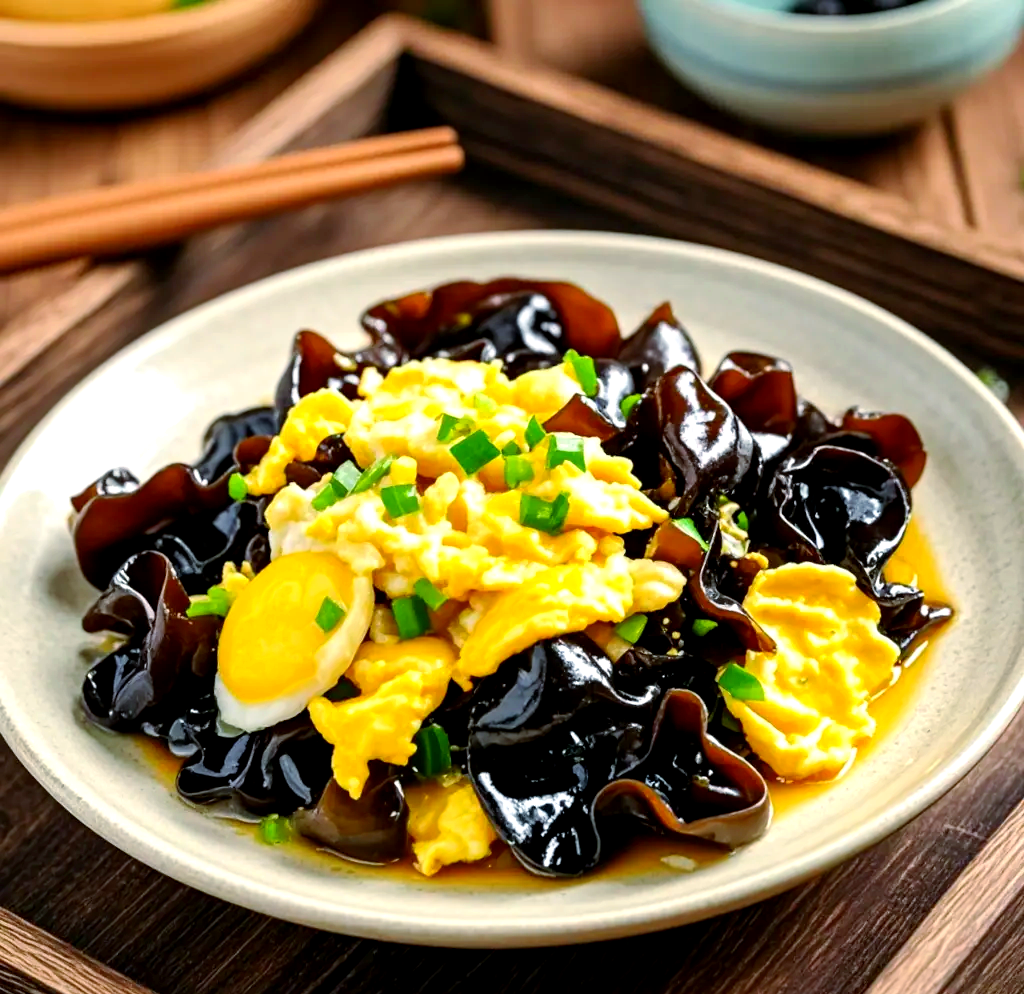 黑木耳炒鸡蛋的烹饪场景