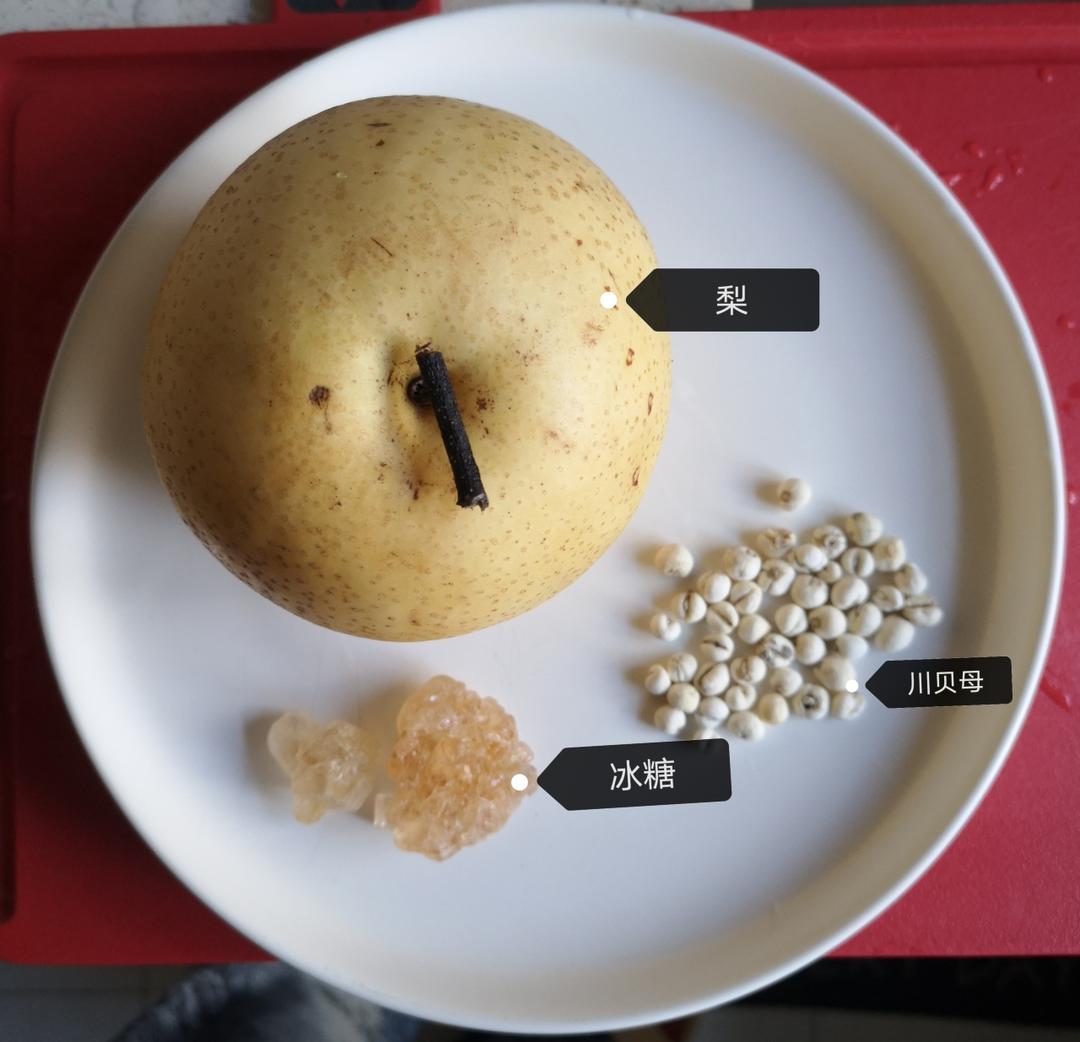 厨房操作台面上摆放一个剖开的雪梨,已挖去果核,旁边有小碗盛放冰糖颗粒和川贝粉,一只汤匙正在将配料填入梨 cavity 中,背景有蒸锅和计时器,展示家庭自制冰糖雪梨的标准流程 家庭制作冰糖雪梨过程图
