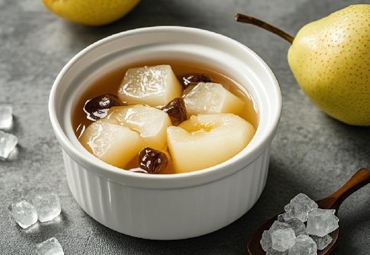 成品川贝炖雪梨盛放在白瓷碗中的特写图