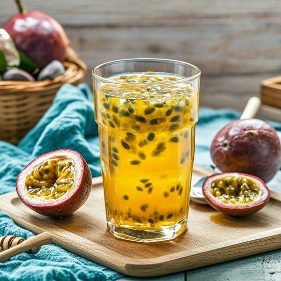 左侧为家庭自制百香果水(浅黄色透明液体,可见黑色种子),右侧为市售瓶装百香果饮料(深橙色液体,标签标注含糖量12%),中间摆放新鲜百香果和白糖 百香果饮品对比图