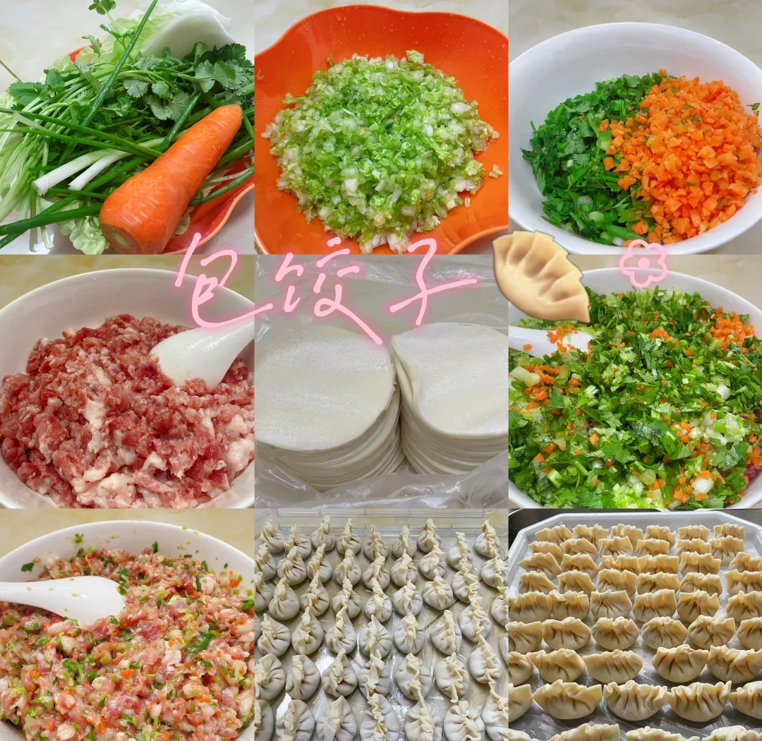 展示包饺子的过程,包括填馅、捏边、收口等细节 包饺子过程展示