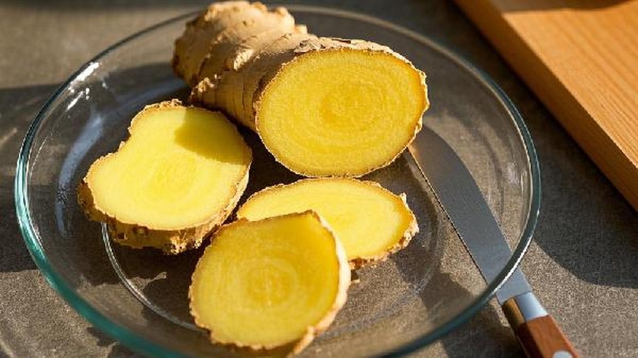 一位厨师正在厨房切片新鲜子姜,案板上有完整的嫩姜、已切片的透明姜片,旁边放着玻璃罐(可能用于腌制),背景可见炉灶和调料瓶 厨房中使用子姜的场景