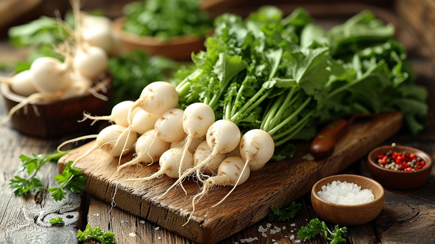 胡萝卜与新鲜蘑菇摆放在砧板上，旁边有大蒜和小葱，背景为木质厨房台面