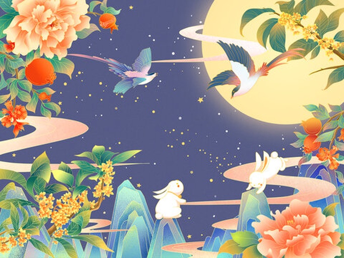 八月桂与中秋元素结合的插画
