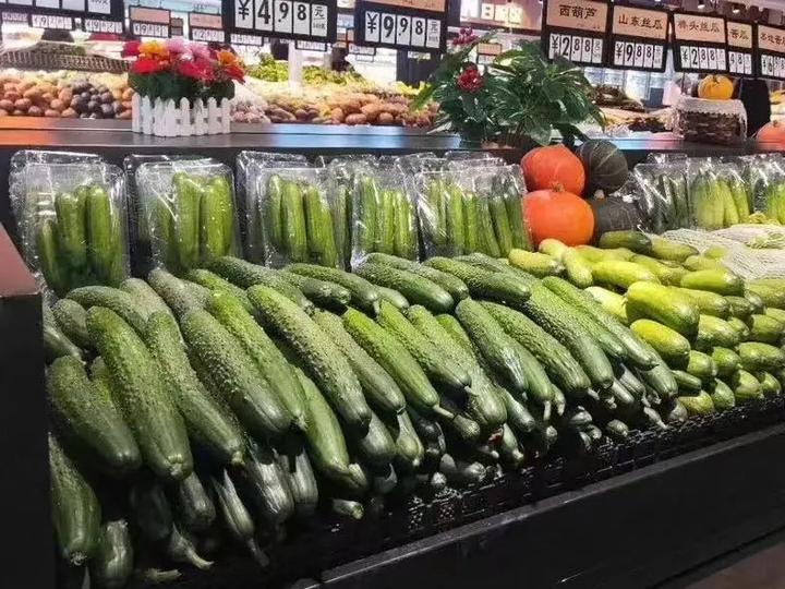 超市货架上的微型小黄瓜包装产品展示