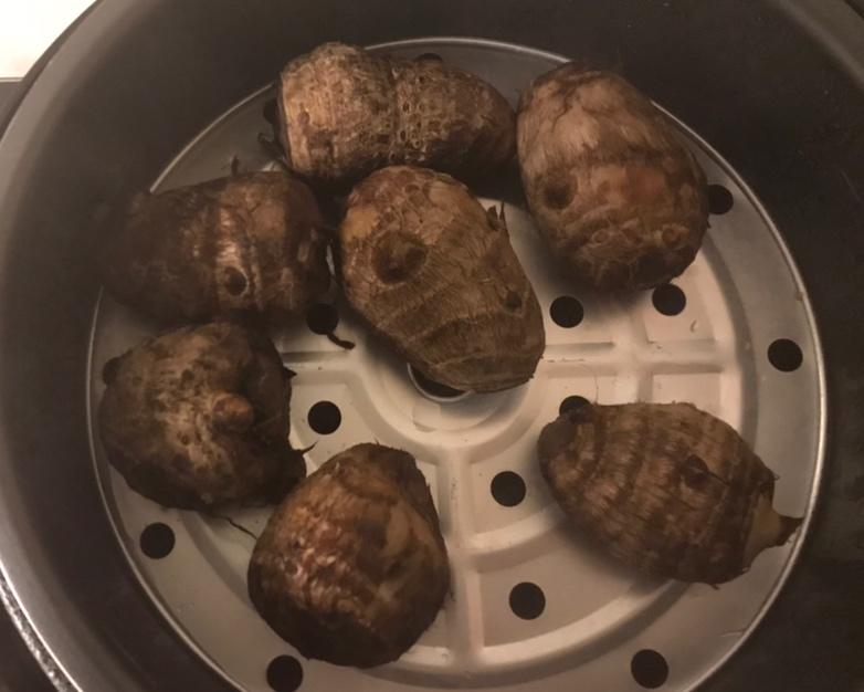 蒸锅正在冒热气，透明锅盖上有水珠，盘中摆放整齐的白色芋头块，色泽温润