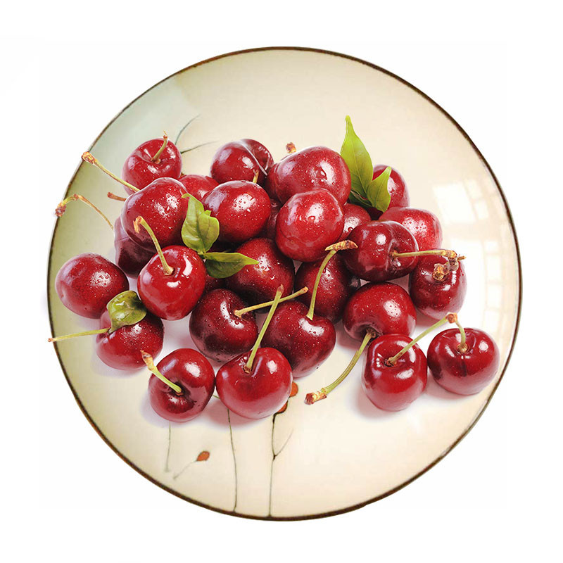 新鲜采摘的樱桃装在白色瓷盘中