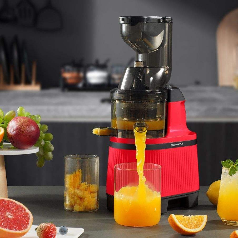 家庭厨房中正在使用榨汁机制作红提汁,新鲜红提果粒放入榨汁机中 自制红提汁过程