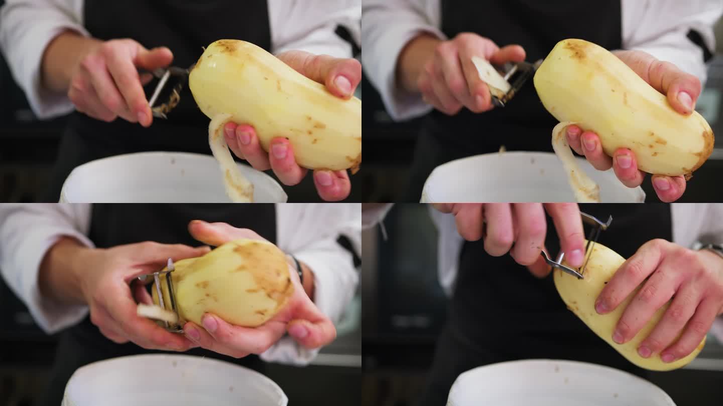 一位厨师正在厨房案板上削皮处理新鲜土豆,旁边摆放着带有明显芽眼的完整土豆和已切除芽眼的部分,背景有锅具和调味料,体现日常烹饪场景 厨房场景中的土豆处理过程
