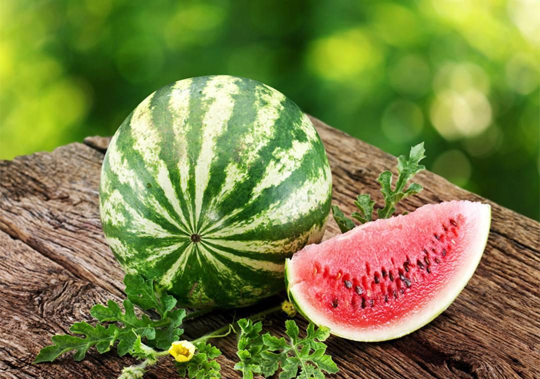 一个完整的黄皮红瓤西瓜放置在木质桌面上,阳光从侧面照射,瓜皮呈现柔和的金黄色,表面光滑略带浅沟纹,背景为绿色植物,突出自然清新的氛围 黄皮红瓤西瓜整体外观