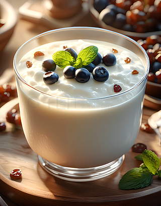 厨房操作台上摆放着玻璃碗中的蓝莓酸奶杯，顶部撒有坚果碎和蜂蜜淋面，旁边放着木勺和切半的柠檬片