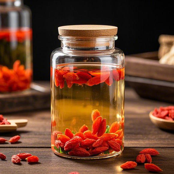 女性在家中厨房准备山楂枸杞水