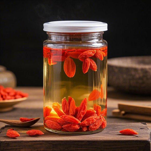 枸杞泡水的特写照片,展示枸杞在透明玻璃杯中浸泡的状态,背景为自然光线 枸杞泡水的特写照片