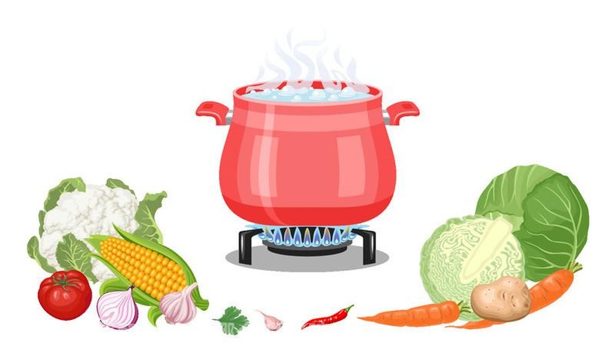 家庭厨房中正在熬制番茄汤的场景