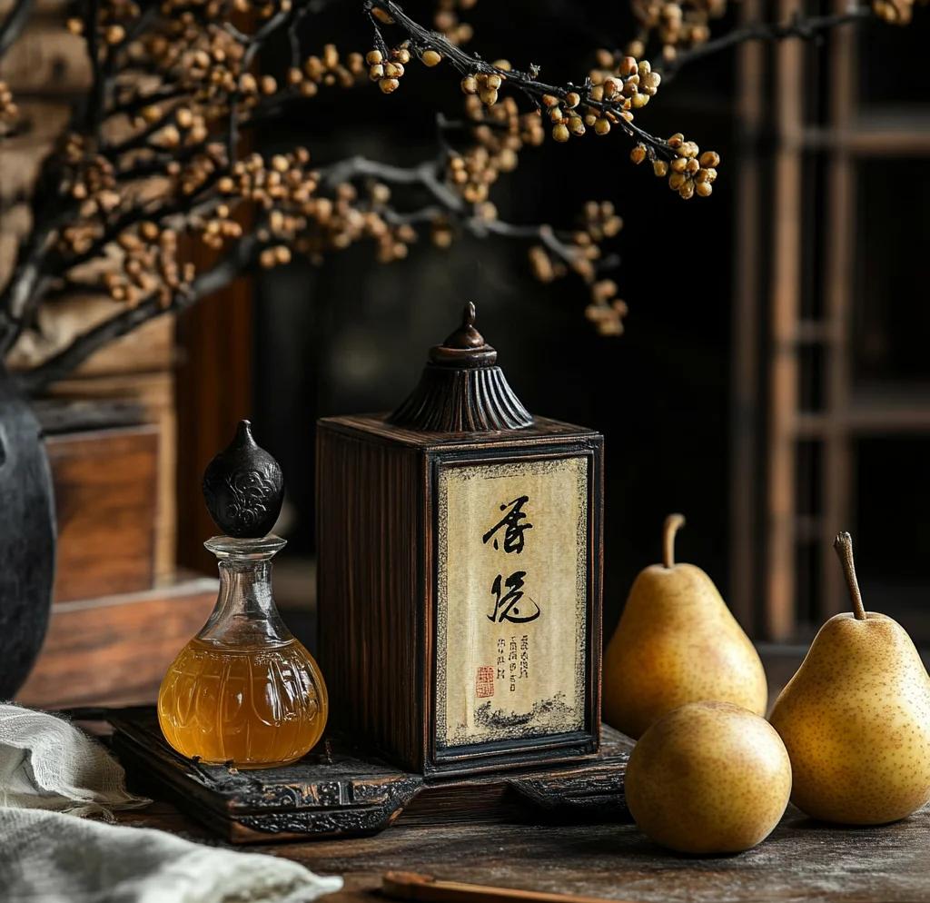 静物摄影构图,展现酸梨延伸产品的精致生活方式场景,强调天然材质、手作温度与东方美学氛围 手作场景:木质案台上摆放玻璃罐装酸梨蜂蜜膏、粗陶杯盛酸梨果醋饮、素瓷盘置酸梨干与新鲜薄荷叶,整体色调温暖自然