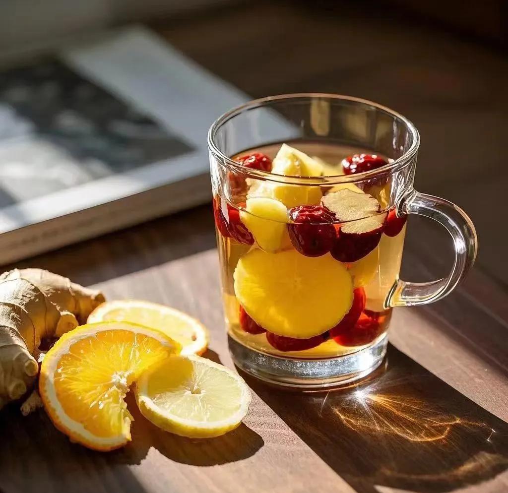 一杯透明玻璃杯中浸泡着几颗金桔干,水中泛出淡黄色光泽,旁边摆放一小碟散装金桔干,桌面铺有木质纹理布料,营造温馨养生氛围 金桔干冲泡茶饮场景