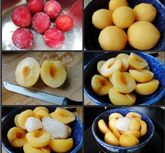 展示蜂糖李果酱制作过程,包括清洗、切块、熬煮等步骤 蜂糖李果酱制作过程