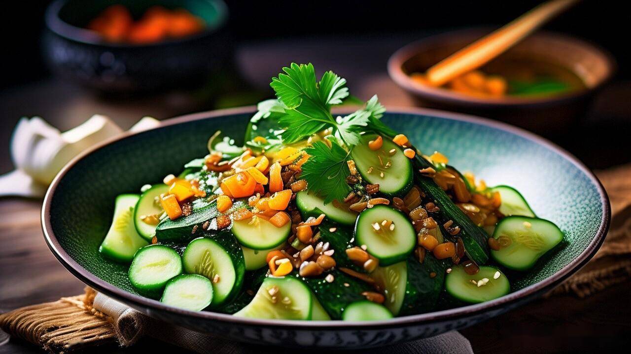一份以新鲜黄瓜为主料的混合蔬菜沙拉,配有其他彩色蔬菜,淋有浅色橄榄油,摆放在白色瓷盘中,背景简洁,突出食材新鲜与健康饮食理念 一碗色彩丰富的蔬菜沙拉,包含切片黄瓜、番茄、生菜、紫甘蓝,淋有橄榄油