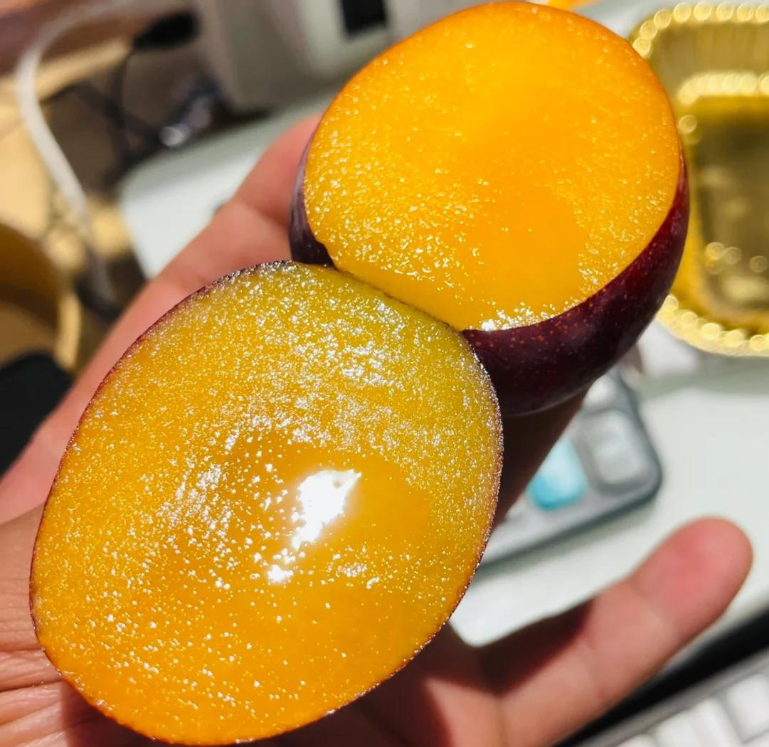 一个成熟的芒果被横向切开,露出橙黄色的果肉,果肉中可见数条细长的黑色纤维状线条,呈放射状分布,线条清晰但未扩散至整个果肉,背景为白色陶瓷盘,光线柔和自然 芒果切面特写