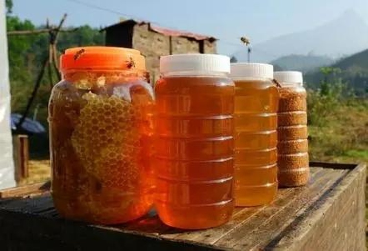 养蜂人家中摆放的多种蜂蜜产品