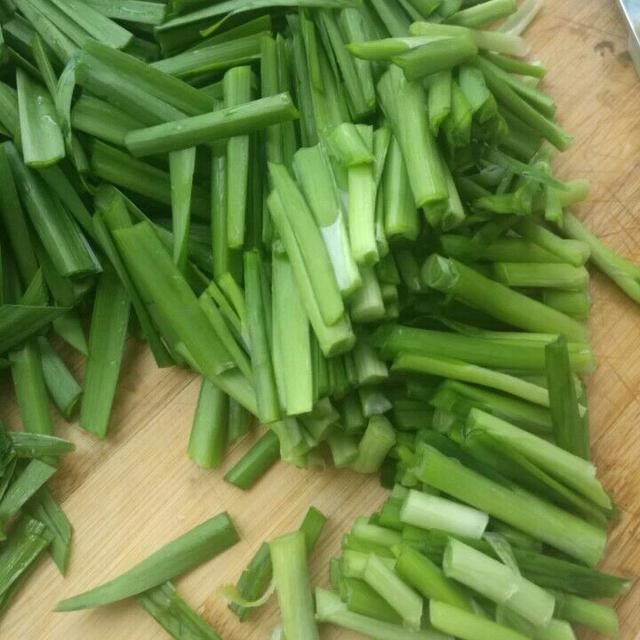 一位家庭厨师正在厨房砧板上切碎一把新鲜的大叶韭菜,刀工细致,韭菜断面湿润鲜亮,旁边摆放着碗碟和肉馅,准备包饺子,展现其作为食材的实用价值 厨房中使用大叶韭菜做菜场景