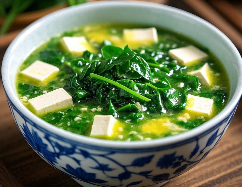 菠菜豆腐汤成品俯拍图