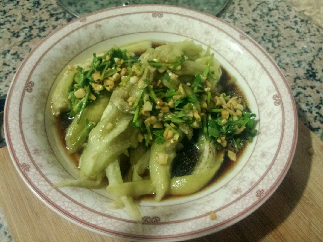 盘中摆放三段去蒂切条的紫黑色长茄子,经清蒸后呈半透明状,淋上金黄色蒜蓉酱汁,边缘略带油光,旁边点缀香葱碎 清蒸茄子搭配蒜泥调味特写