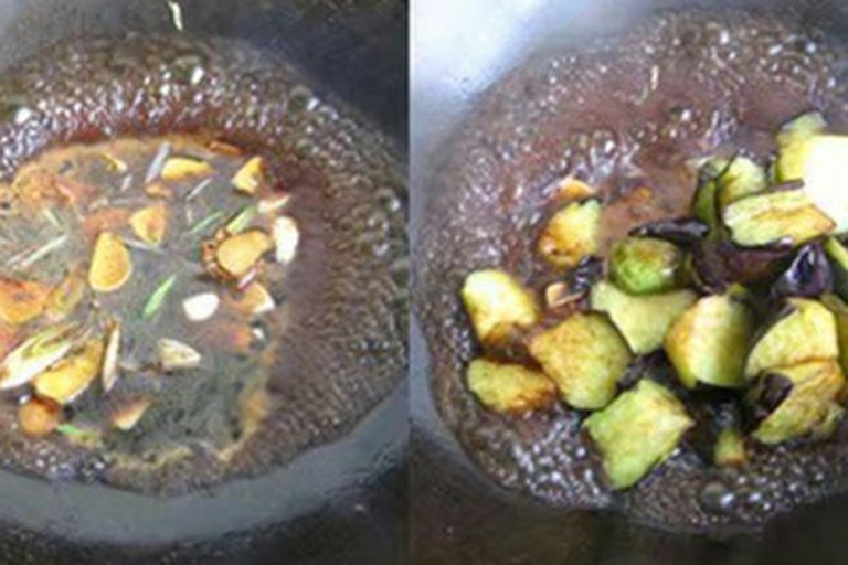 红烧茄子烹饪过程图,锅中茄子正在翻炒 红烧茄子烹饪过程图