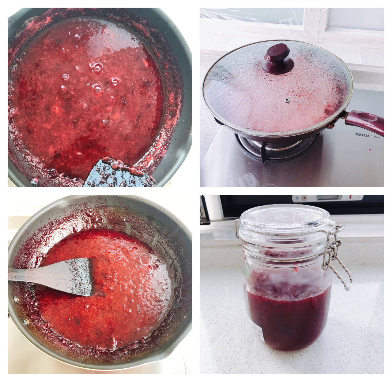 酸梨果酱制作过程图,展示果肉熬制与搅拌细节 酸梨果酱制作过程图