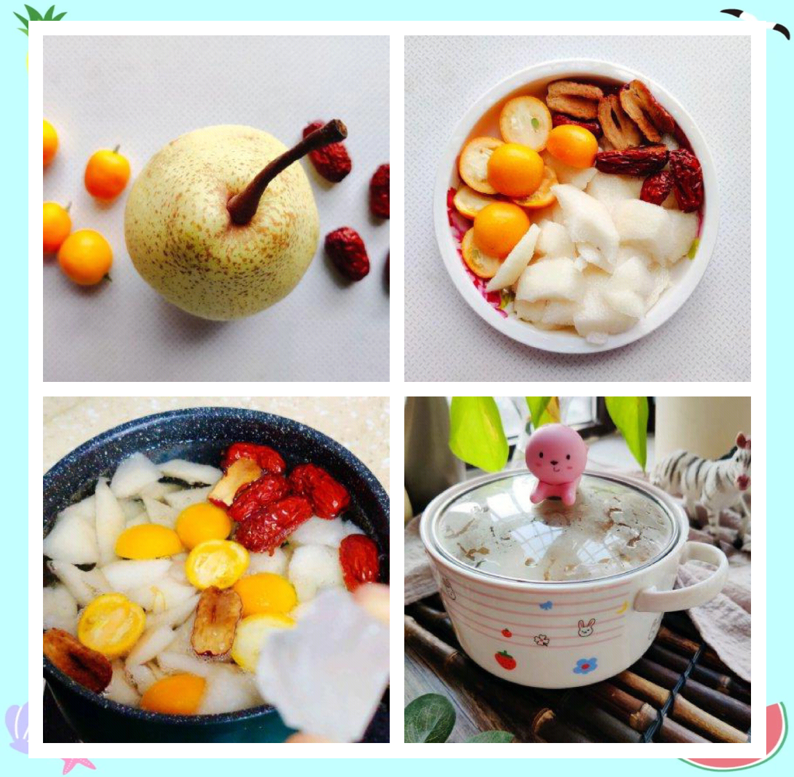 一位年轻女性在厨房中将切好的皇冠梨块放入玻璃碗中，旁边有冰糖、枸杞和银耳，准备制作冰糖炖梨，场景温馨明亮