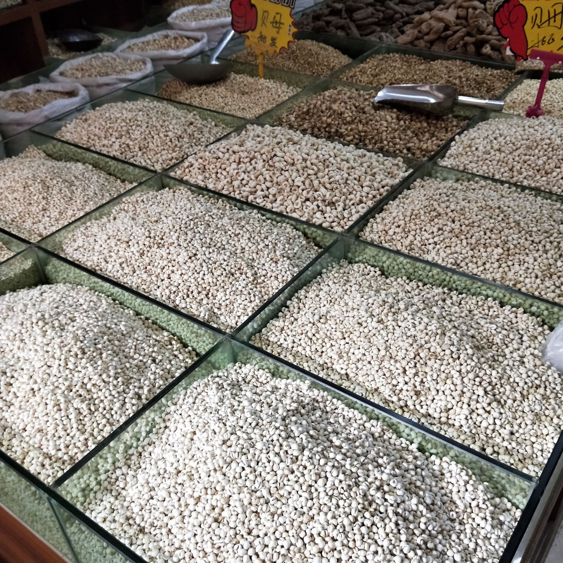 中国传统农贸市场内一个木质摊位,陈列多个青花瓷罐,分别标注‘湘莲’‘苏芡’‘薏米’‘苦杏仁’,摊主正在向顾客展示莲子与芡实的区别,背景可见其他中药材与秤具,体现真实交易场景 传统中药材摊位实景图