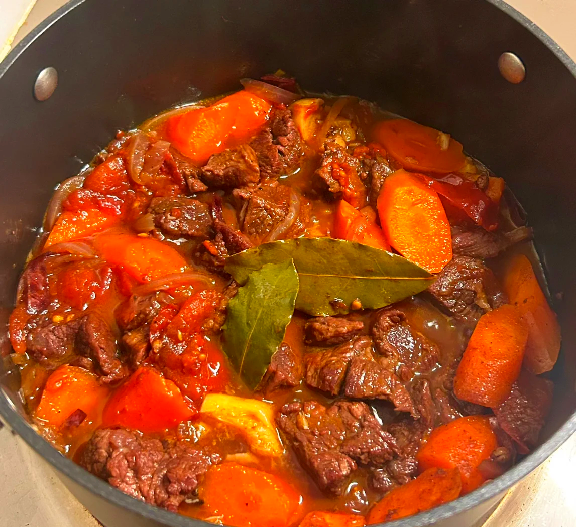一锅热气腾腾的胡萝卜炖牛肉,橙红色的胡萝卜块与深褐色牛肉块交错分布,汤汁浓稠,配有洋葱和香叶点缀,盛放在白色陶瓷砂锅中,背景为家庭厨房操作台 胡萝卜炖牛肉菜肴