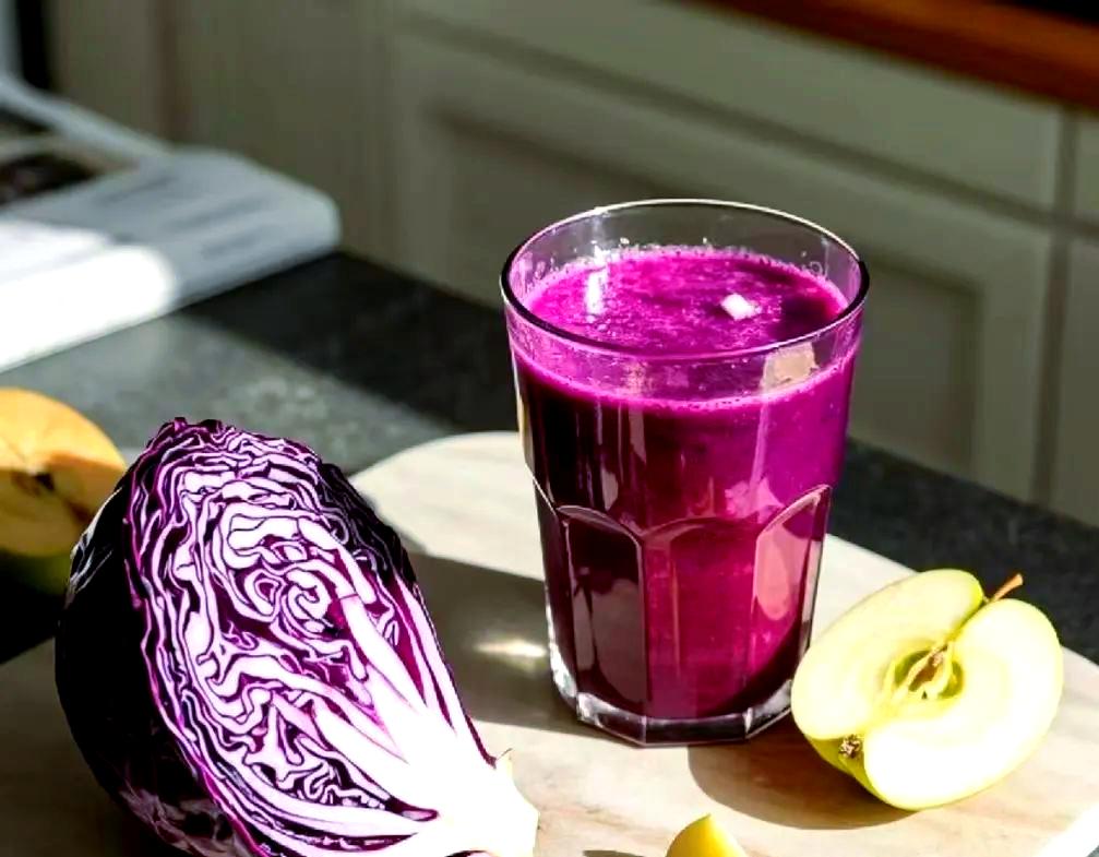 紫甘蓝与苹果、胡萝卜搭配榨汁的成品图,展示颜色与质感 紫甘蓝榨汁搭配示例