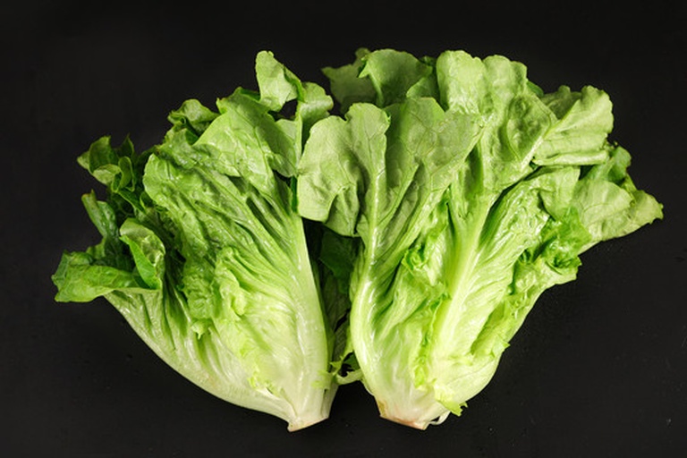 两种绿色蔬菜并排摆放,左侧为脆嫩的结球生菜,叶片呈浅绿色且紧密包裹;右侧为新鲜的莴苣叶,叶片较大、深绿色,边缘略带波浪状,叶脉明显,背景为木质砧板,旁边有水滴,体现新鲜感 莴苣与生菜对比图