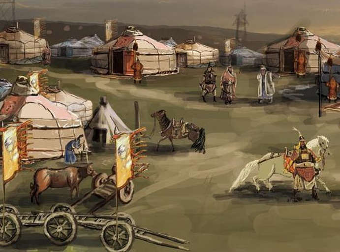 一名身穿传统蒙古袍的牧民骑着一匹深褐色蒙古马,在夕阳映照的草原上驱赶羊群,远处可见蒙古包,画面充满诗意与生活气息,展现人与马共生的关系 牧民骑着蒙古马在夕阳下赶羊群回家