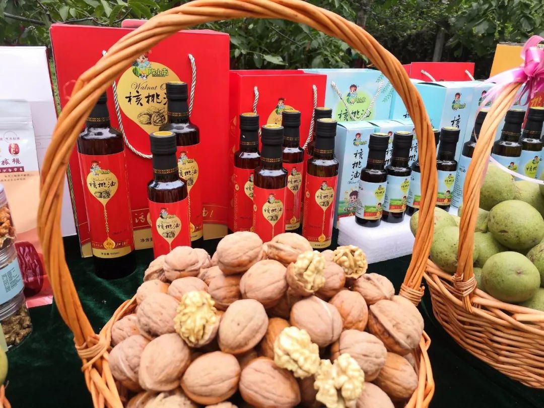 一个明亮的产品展示台上陈列着多种由青皮核桃加工而成的商品,包括玻璃瓶装核桃露、透明袋装即食核桃仁、礼盒装冻干核桃脆片、小瓶装冷榨核桃油以及胶囊状保健品。背景有品牌LOGO和‘天然·营养·健康’字样,体现现代食品营销风格 青皮核桃深加工产品展示台