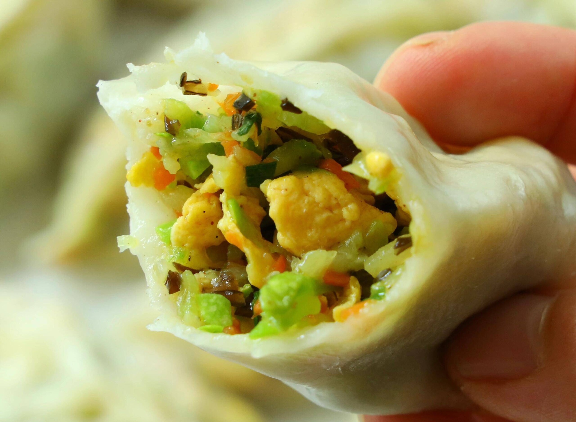 特写镜头:10只饱满饺子整齐摆于青花瓷盘,表皮透亮微皱,隐约可见内里翠绿蒜苗与粉红肉粒,热气氤氲,蘸碟中盛浅褐色香醋配蒜末,背景虚化突出食物质感 刚出锅的蒜苗猪肉饺子特写